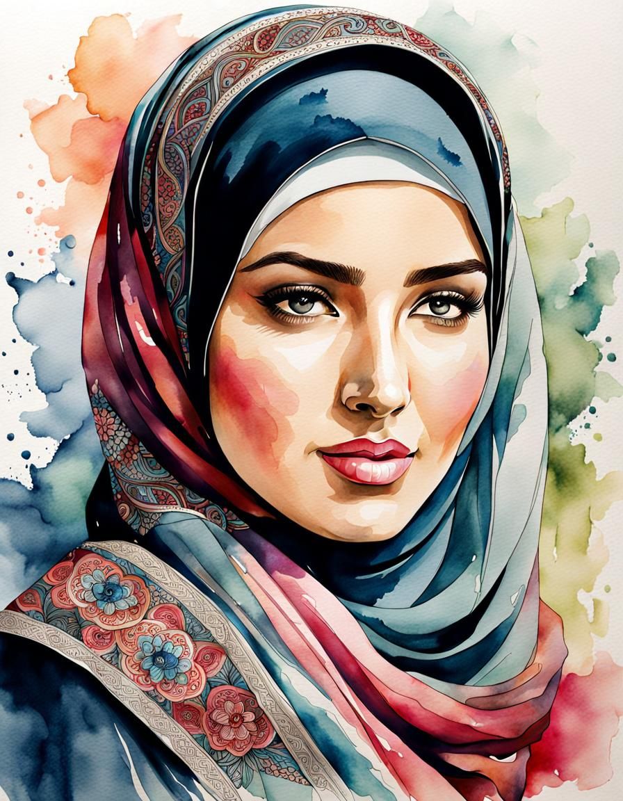 Beautiful Hijabi Woman Portrait in Watercolor Style