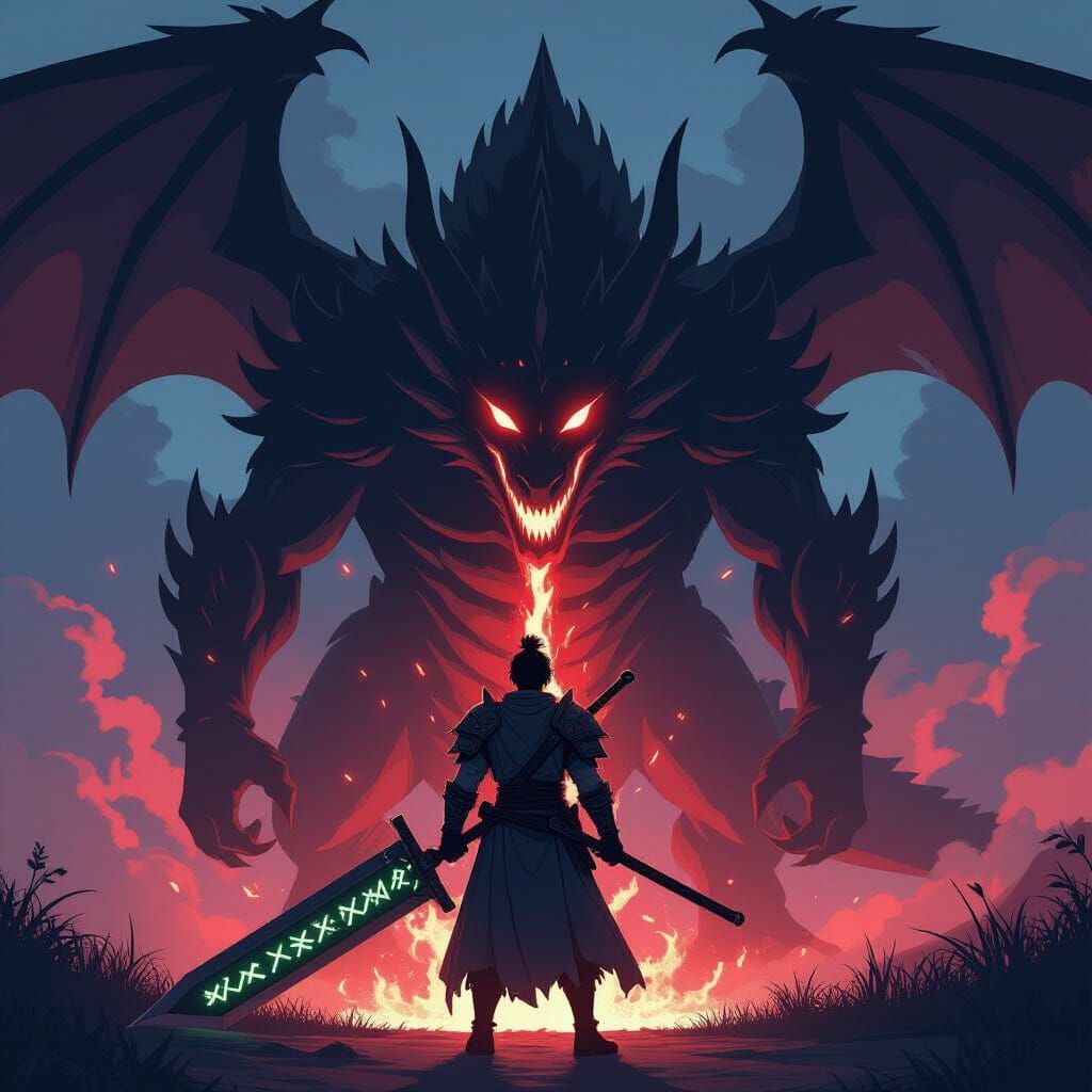Anime Warrior Confronts Dragon with Runed Sword