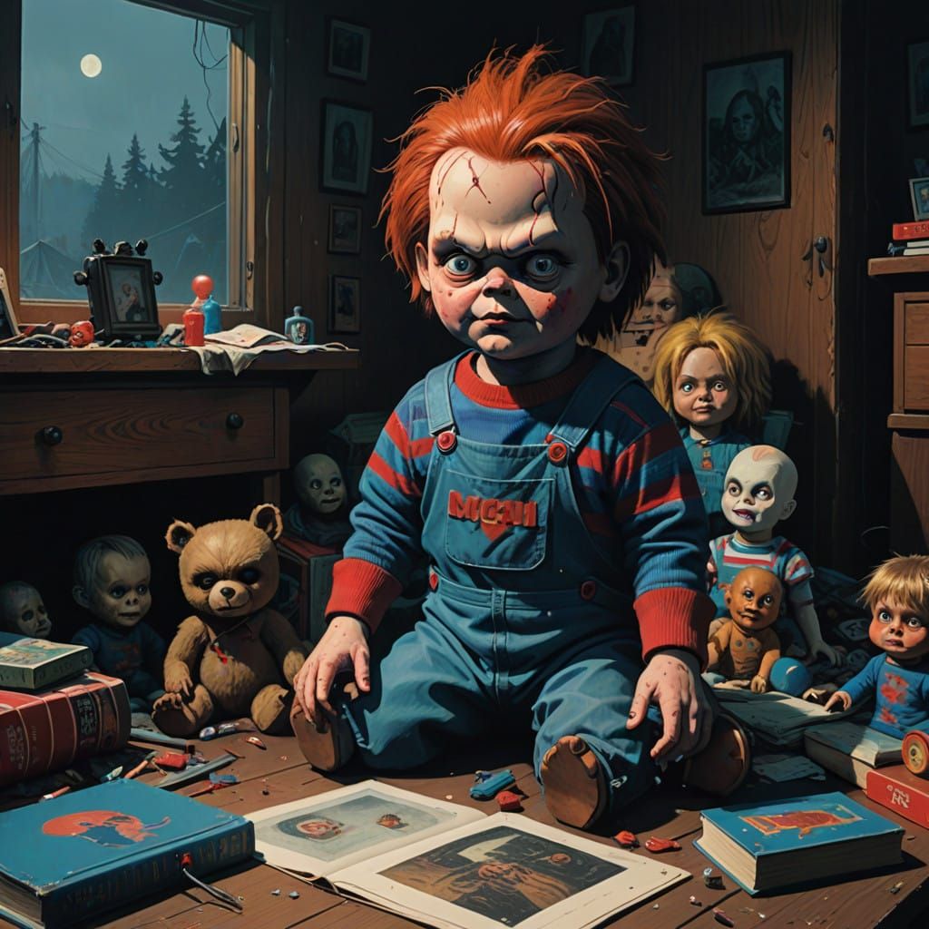 Menacing Killer Doll in Dark, Eerie Environment