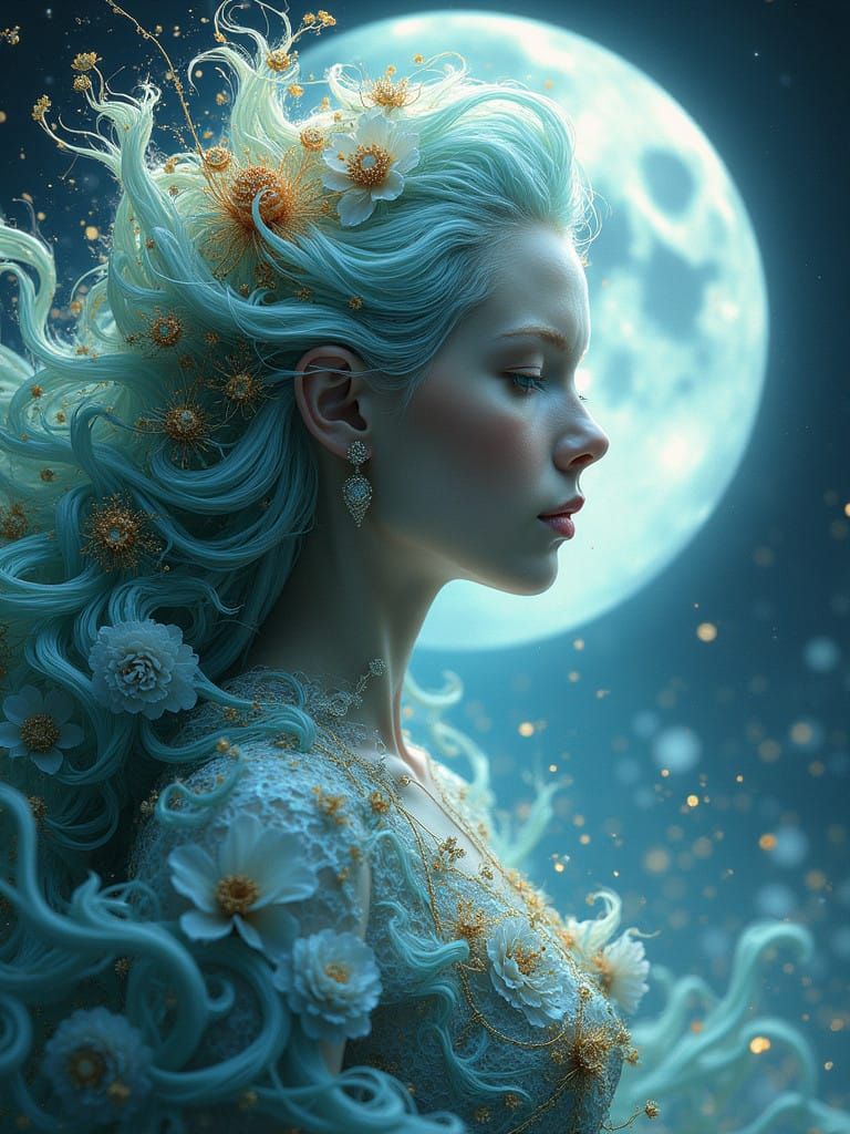 Luminous Lunar Goddess in Vibrant Cosmic Bloom