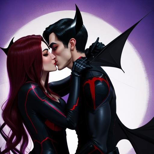 secret love, spider woman, bat girl, kissing and exchanging affectionate affections,