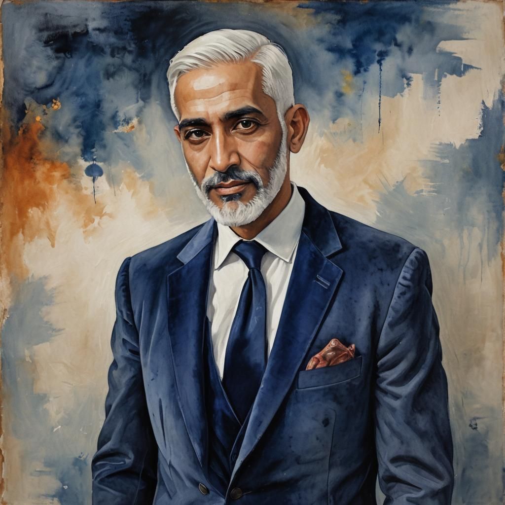 Elegant Man in Blue Velvet Suit: Impressionist Portrait