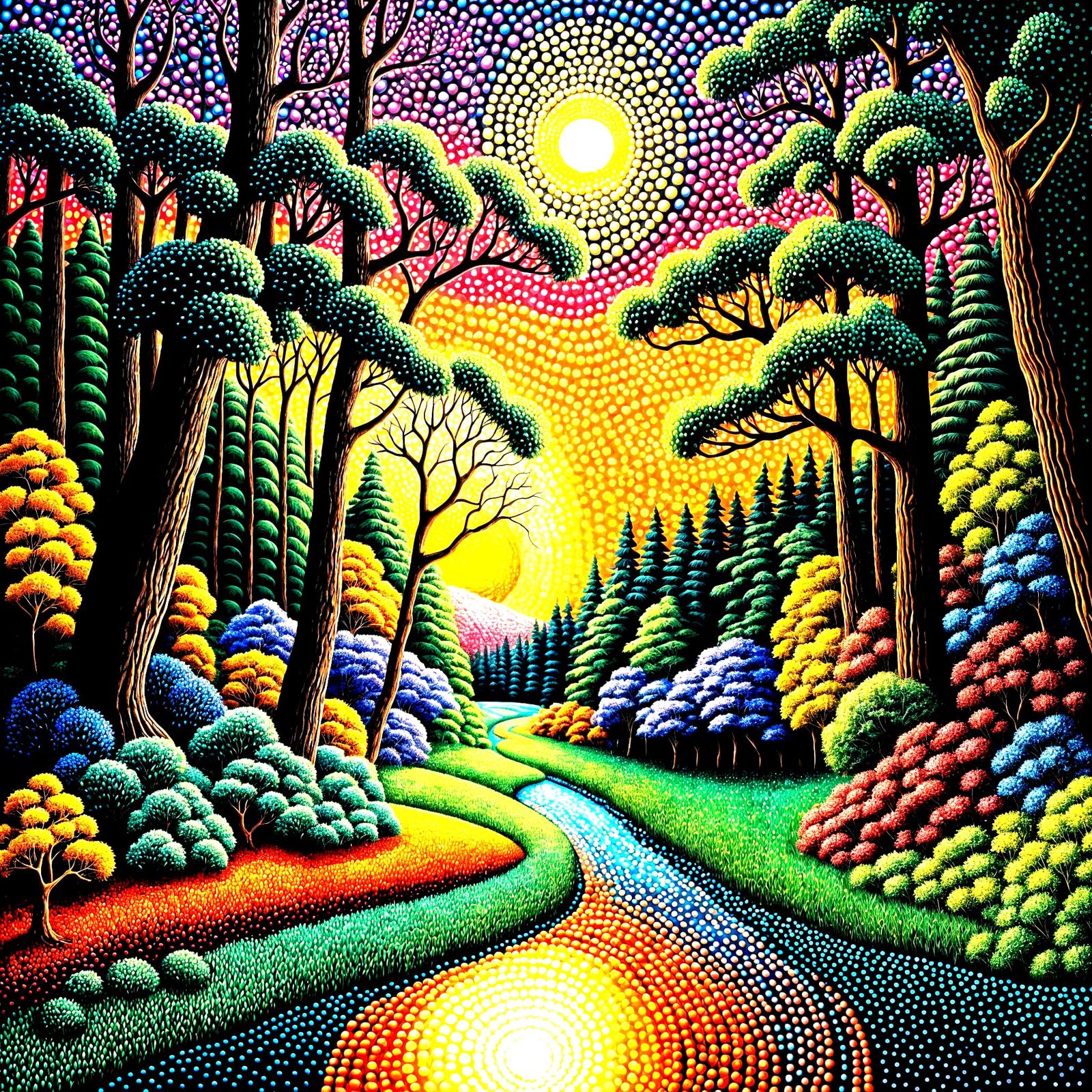 Pointillist Optical Illusion: Forest, River, Sunset