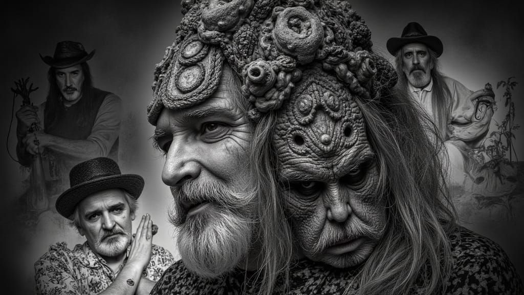 Mystic Portrait with Cryptids in Sepia Drawing Style