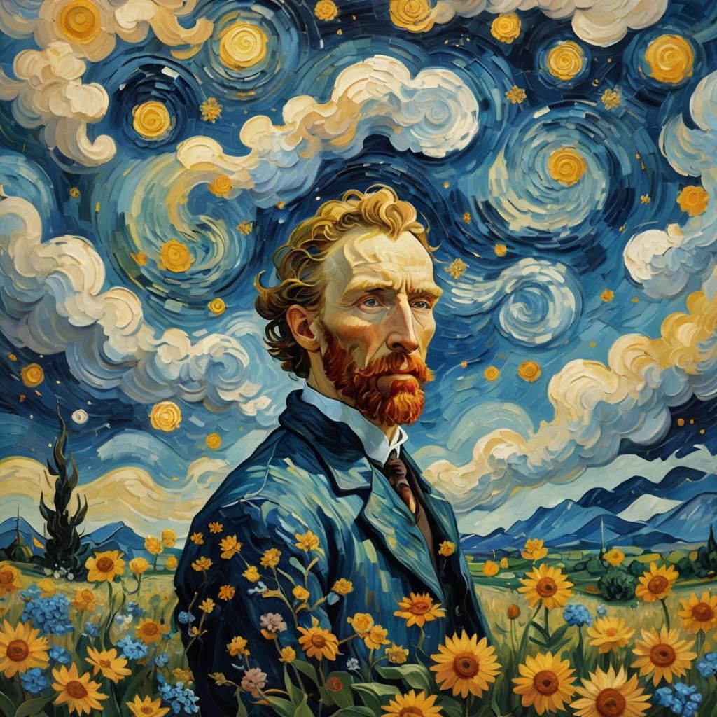 Surreal Van Gogh in Starry Landscape, Impasto Oil Painting