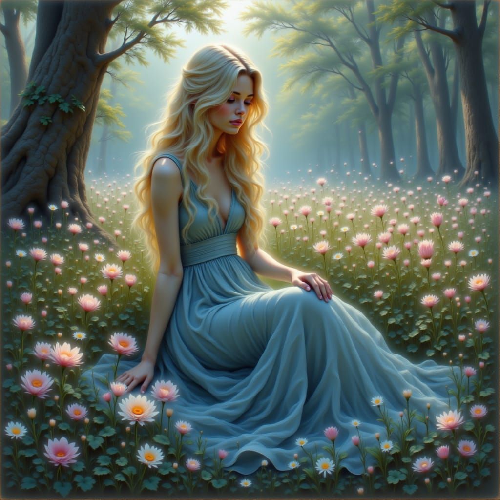 Ethereal Woman in Art Nouveau Gown with Bioluminescent Flowe...