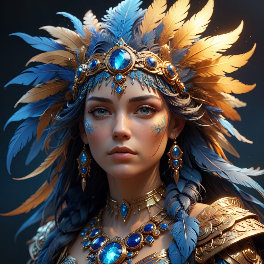 Mystical Figure with Glowing Blue Markings and Earthy Regali...