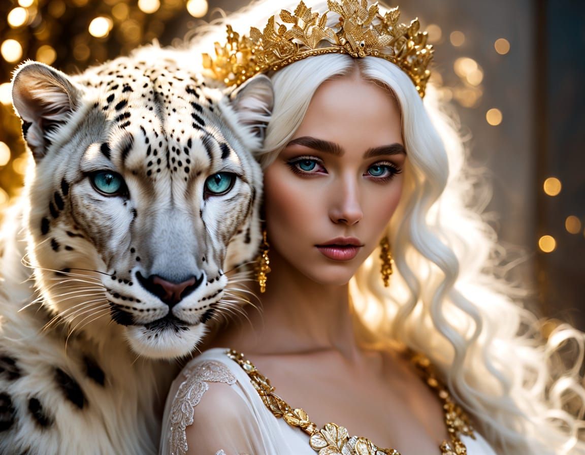 Ethereal Snow Leopard Goddess in Whimsical Headdress