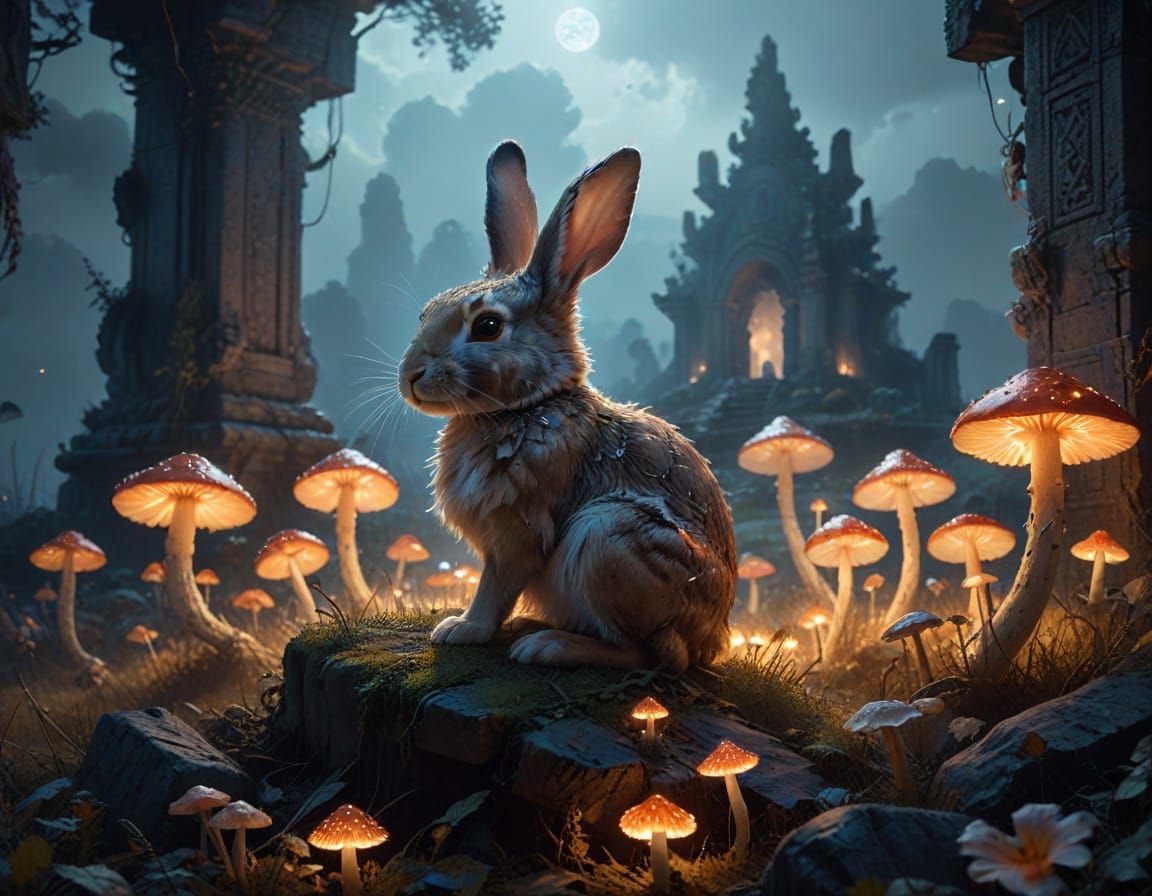 Mystical Rabbit in Ethereal Mushroom Field