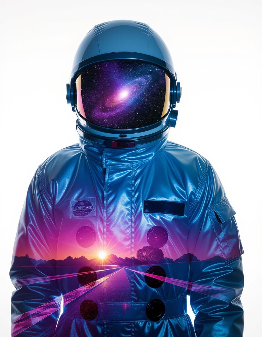 Brutalist Cosmic Spacesuit Model in Neon Nightscape