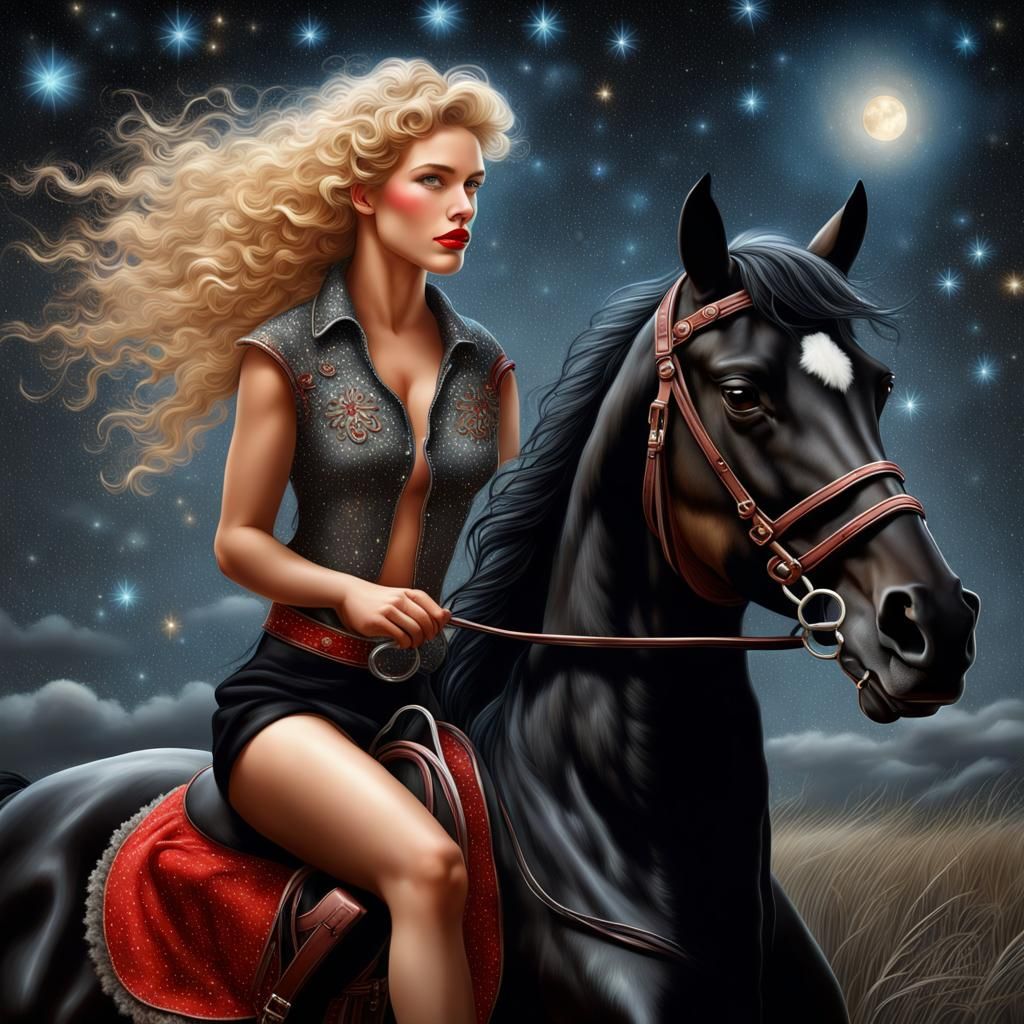 Woman on Horseback Under Starry Night Sky