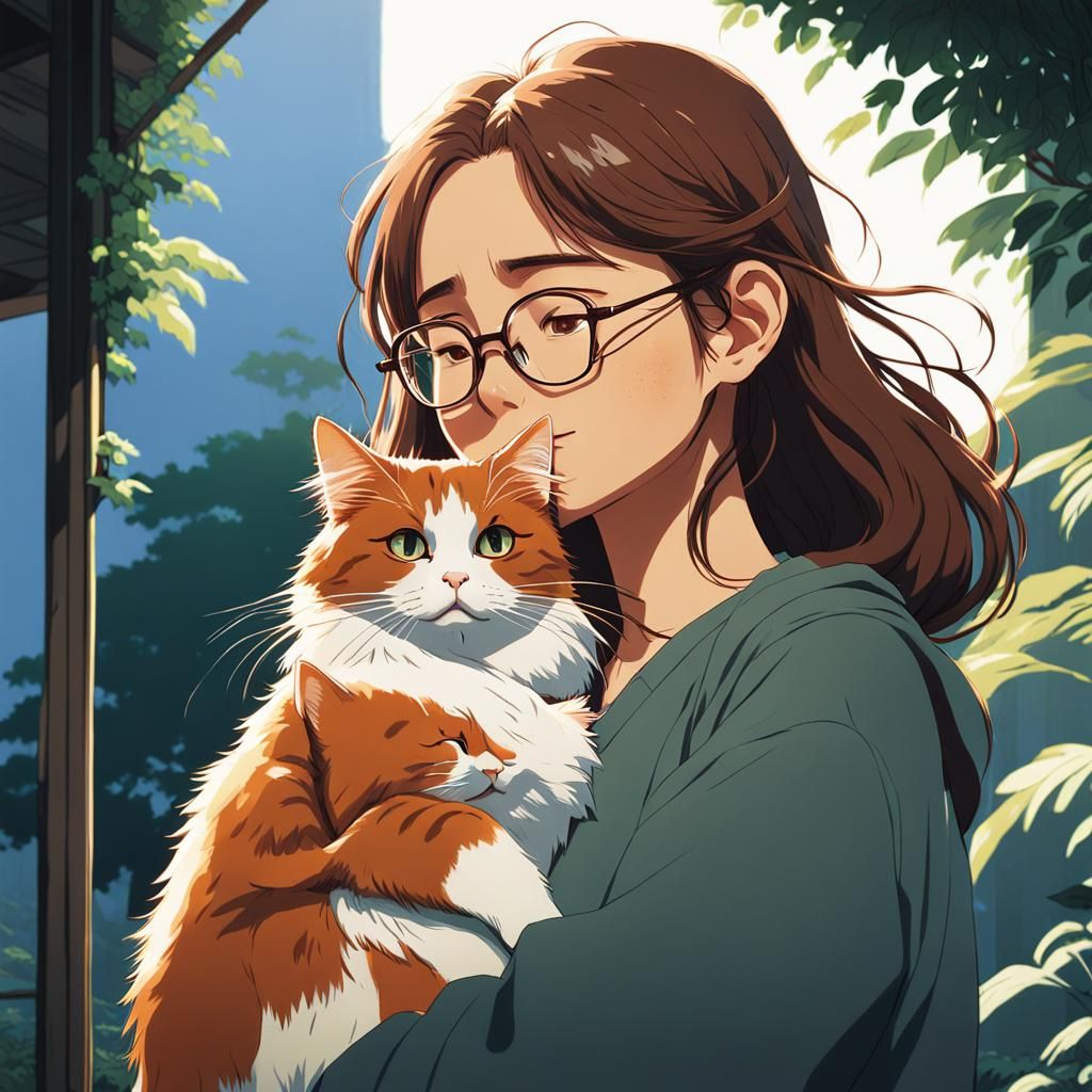 Auburn Girl with Cat in Anime Style