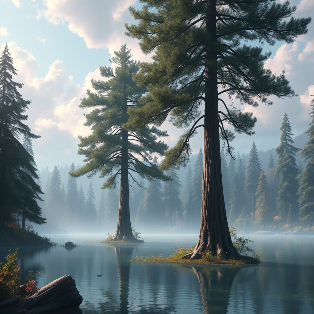 Surreal Pine Forest Landscape in Vibrant Colors