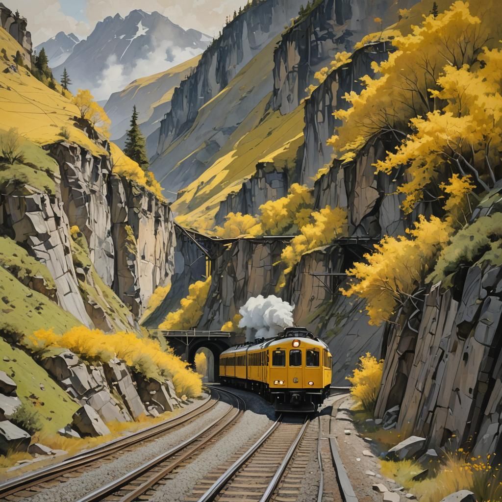 Landscape Painting of a Yellow Train
