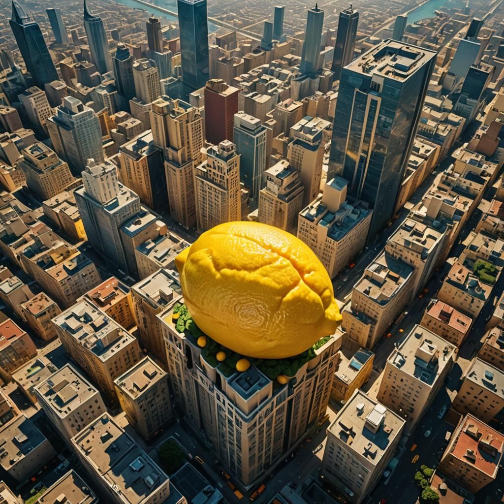 Colossal Lemon Slice Over Cityscape in Surreal Style