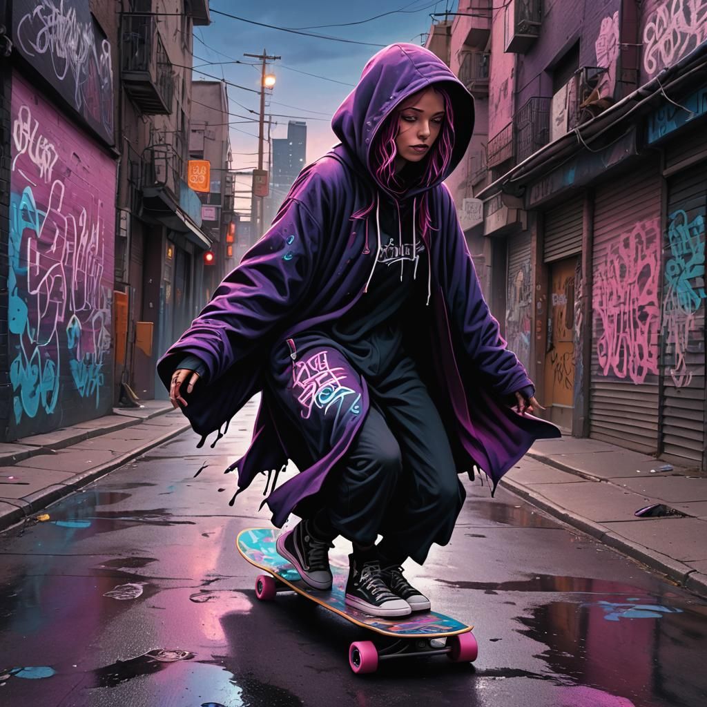 Grim Reaper Skateboarding in a Neon Alley