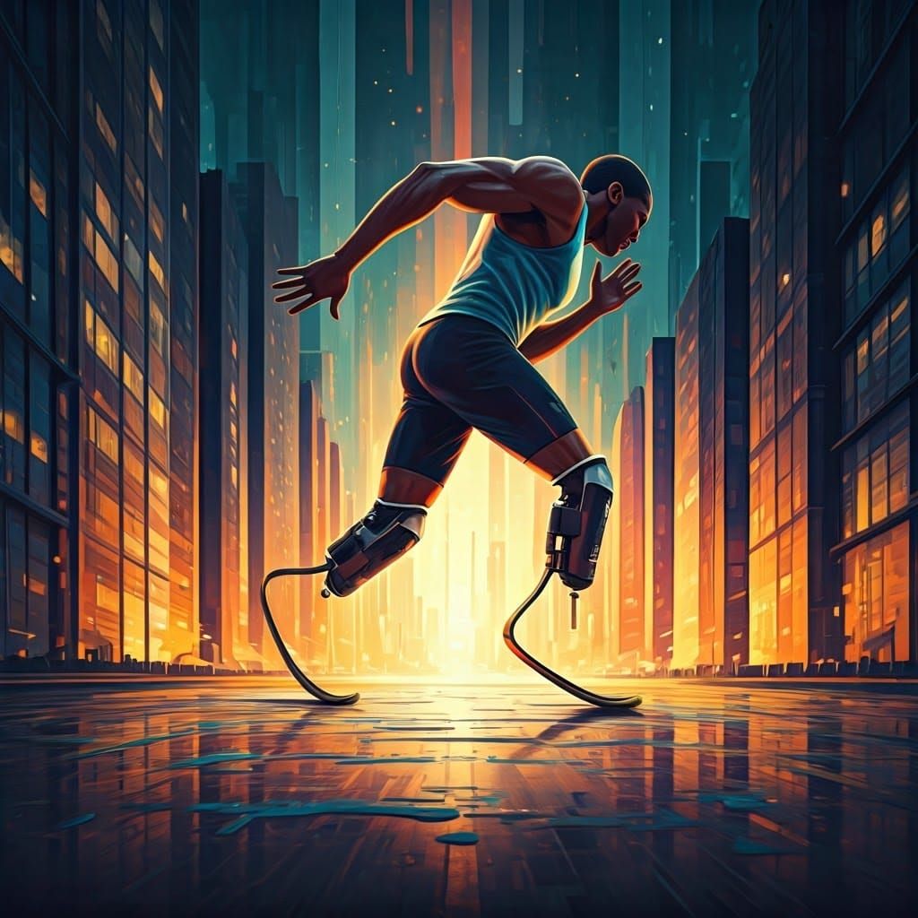 a paralympic runner with racing blades graffiti art, splash ...