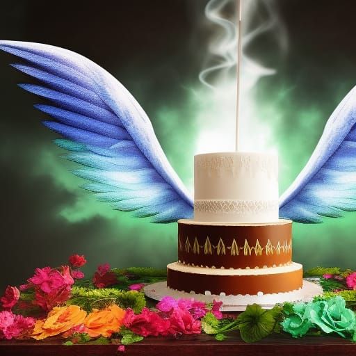 Heavenly Cake with Angel Wings: Hyperrealistic Splash Art