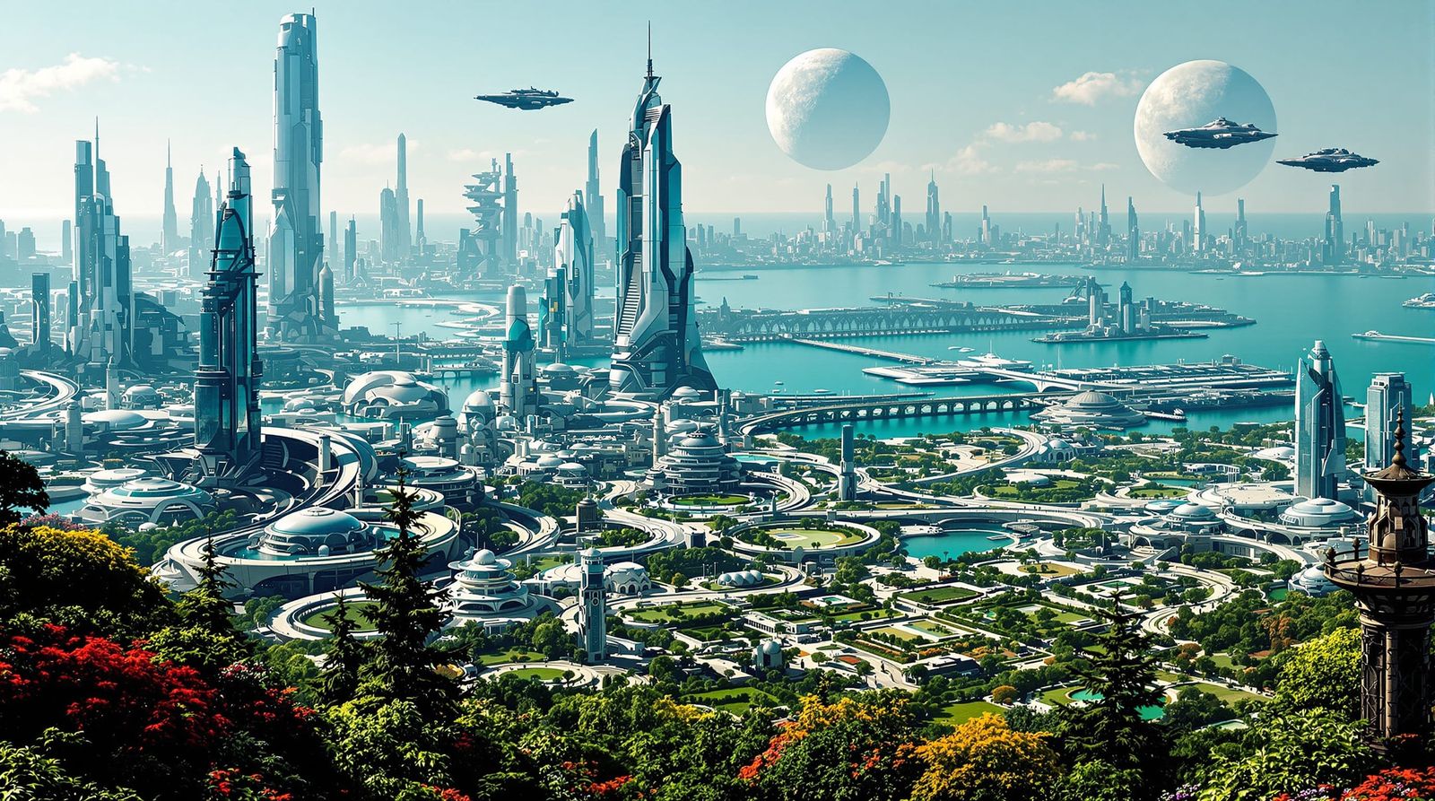 Alien Metropolis in Noir Style with Two Moons