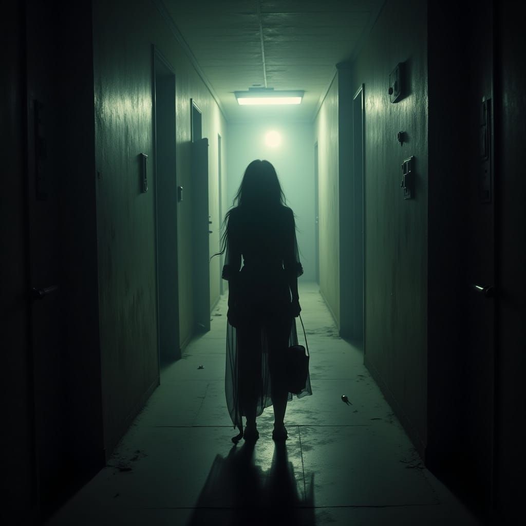 Terrified Figure in Dark Corridor with Shadow
