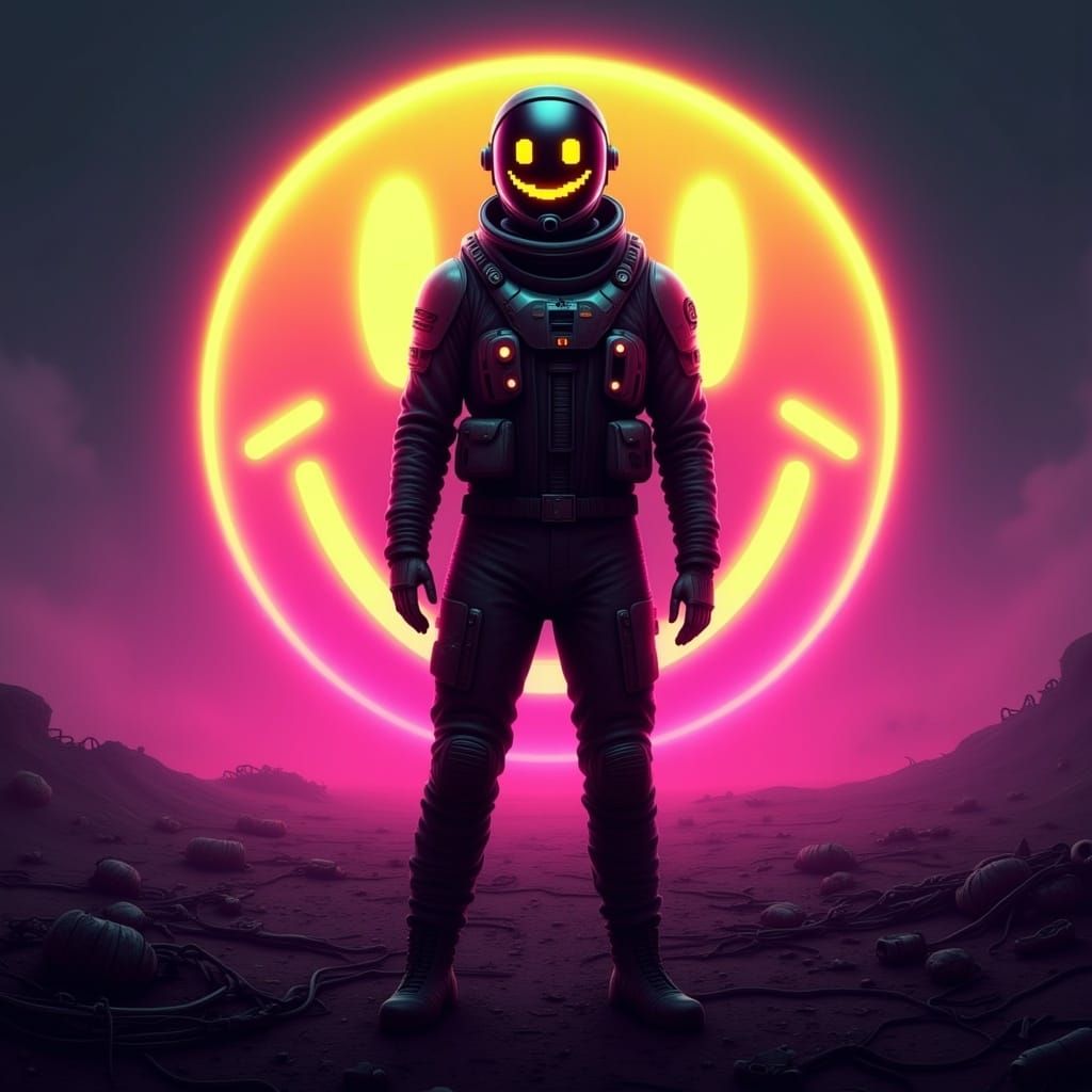 Dystopian Spaceman Before Smiley Face in Dark Art Style