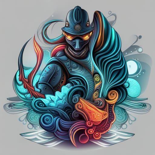 Futuristic Neon Sword Held by Soldier with Abstract Fractals