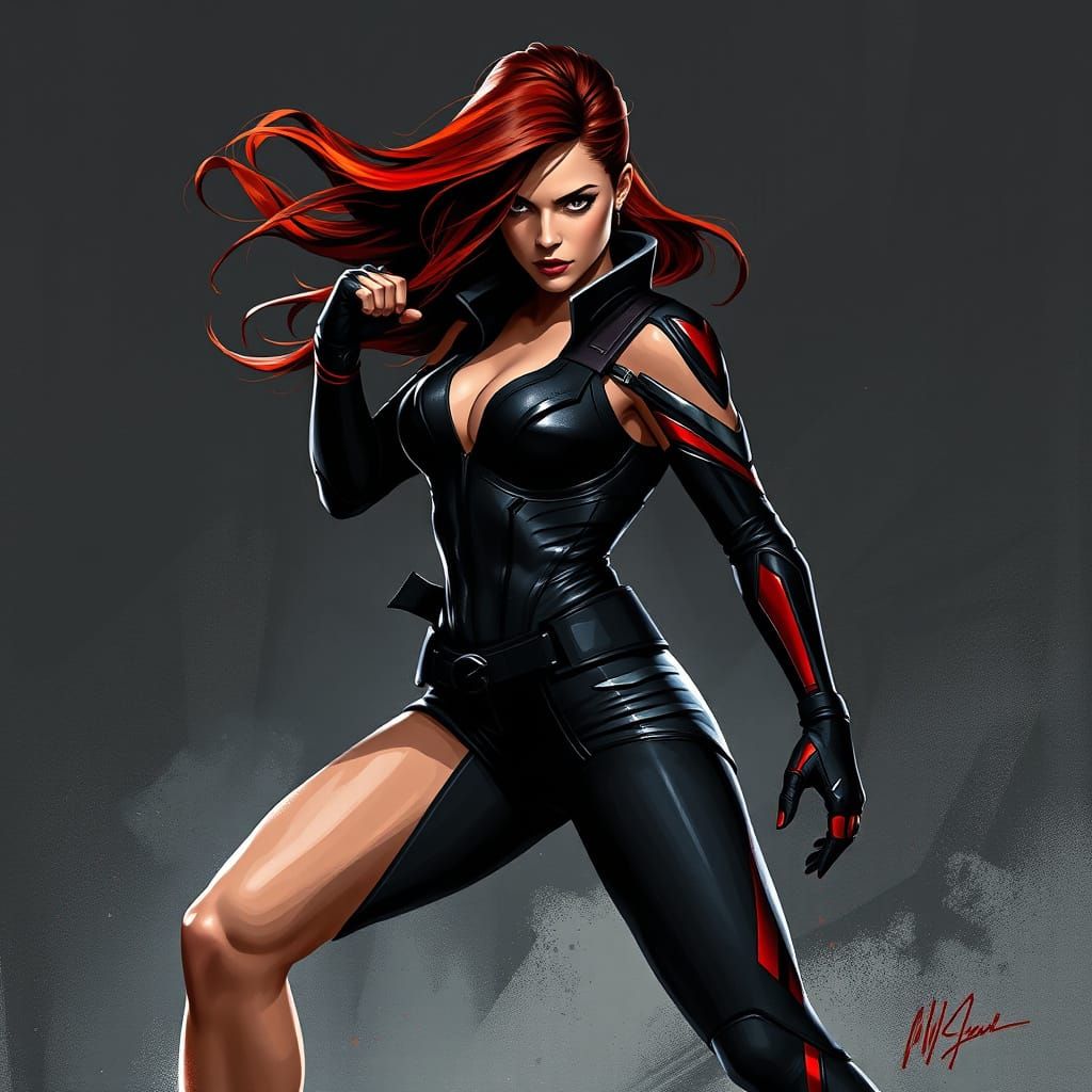 Sultry Black Widow in Futuristic Action Pose