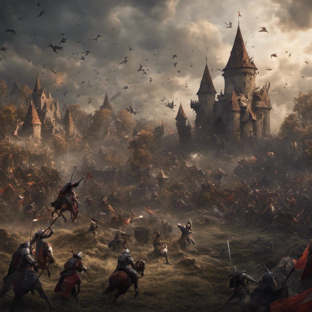 Detailed Medieval Battle Scene in Matte Painting Style