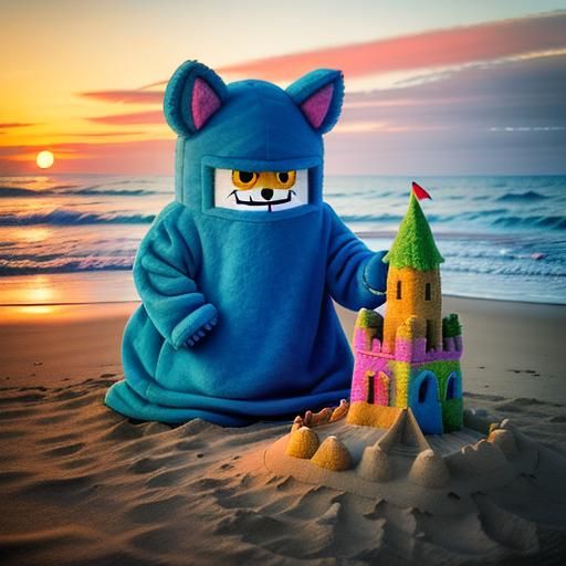 Fuzzy Monster Plays on Beach at Sunset