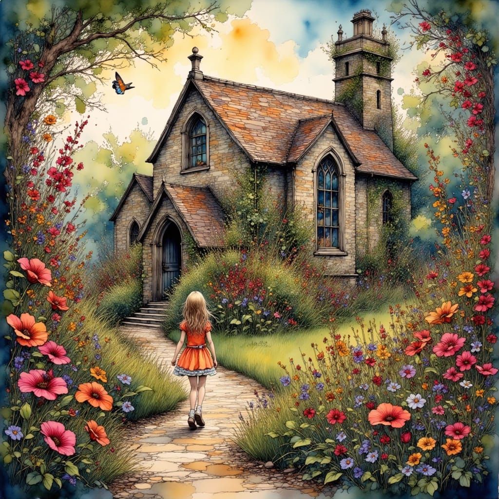 Nostalgic Scene: Person Before Old Stone Church