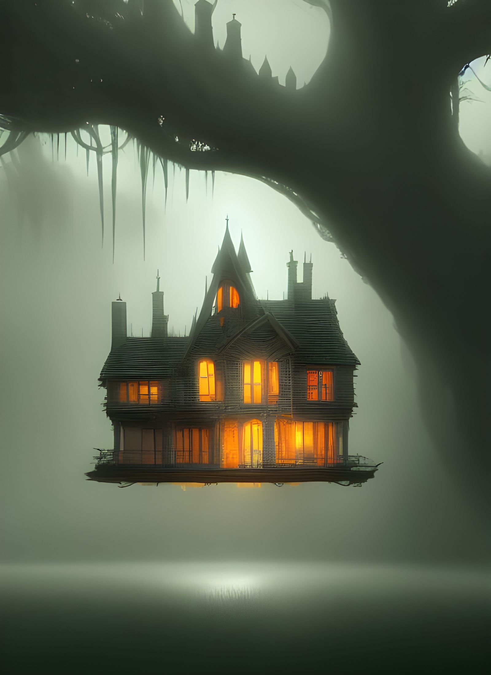 Floating Ghost House in Misty Landscape