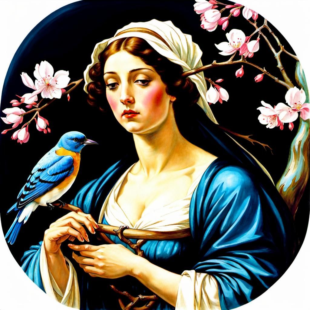 Melancholy Woman's Heart Reveals a Bluebird on Sakura