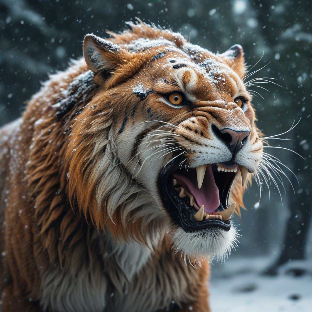 realistic oil painting. a magnificent Smilodon populator with very long teeth. he is furious. close-up of his head. snow...