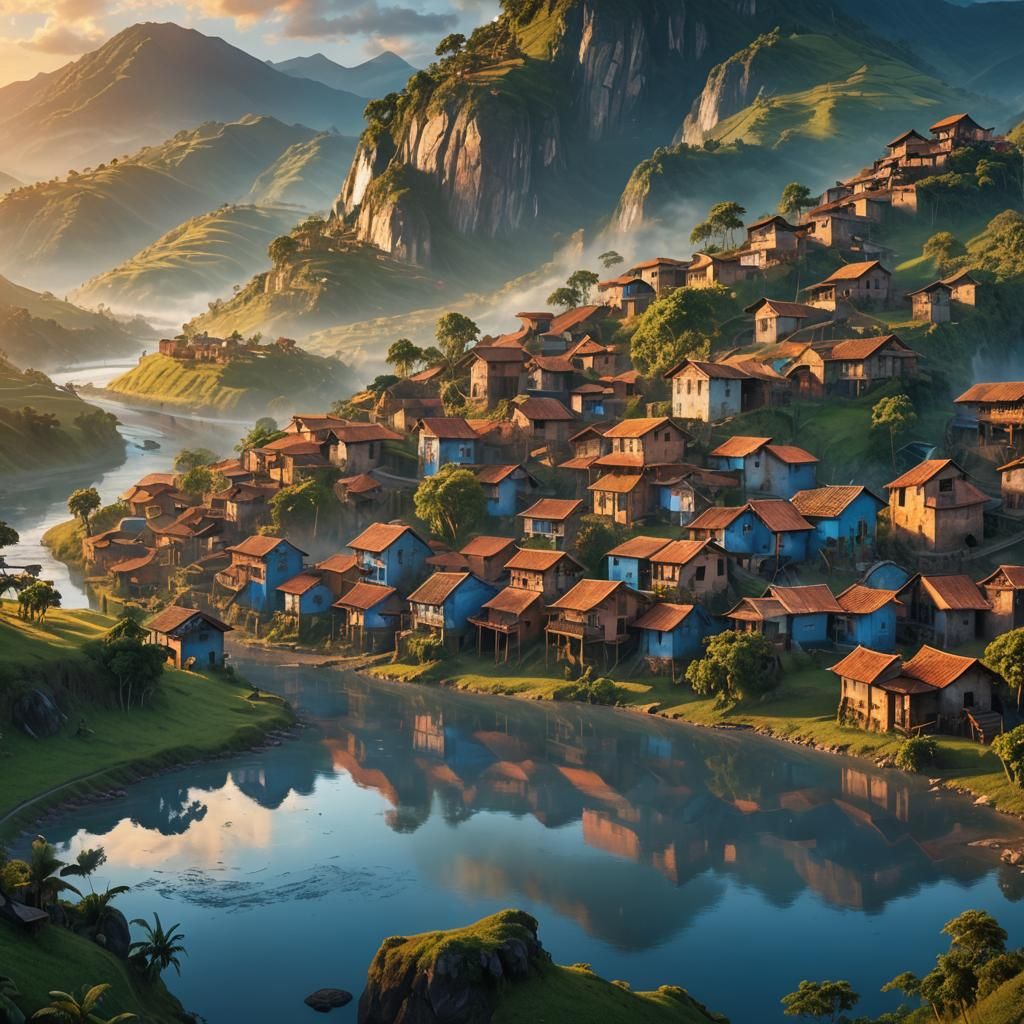 Colombian Village Sunrise: Fantasy Matte Painting