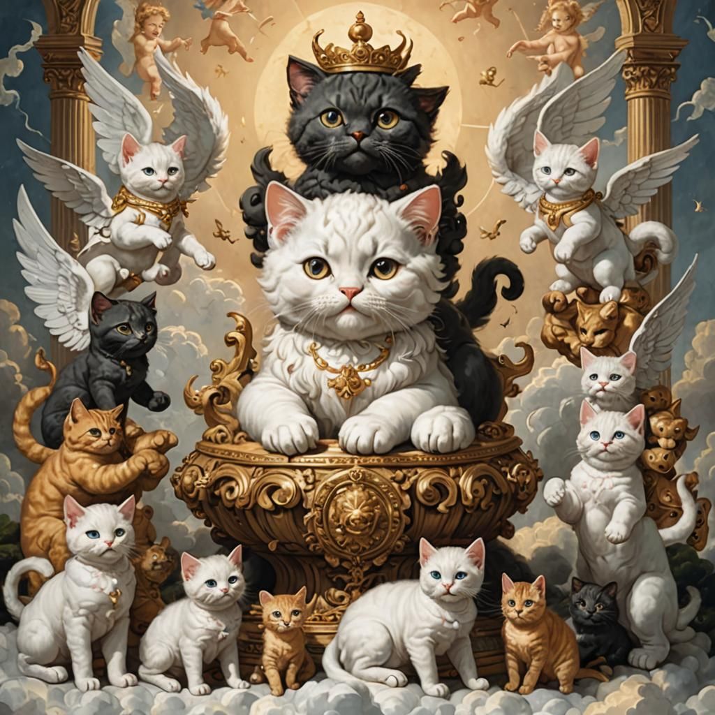 Kitty Cherubs Surround a Large Cat God
