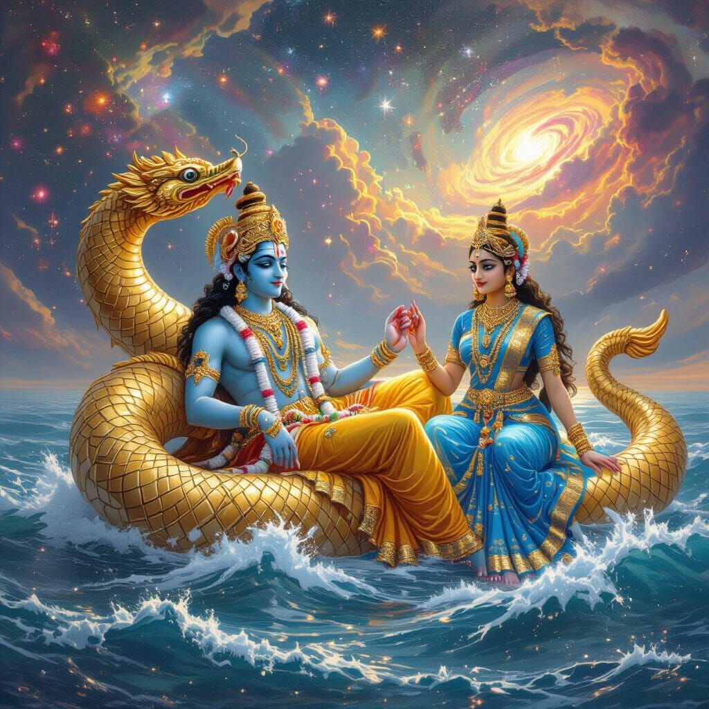 Vishnu and Lakshmi in Cosmic Ocean: Digital Art