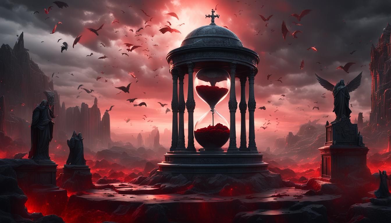 Gothic Hourglass Over Necropolis, Dark Fantasy Concept Art