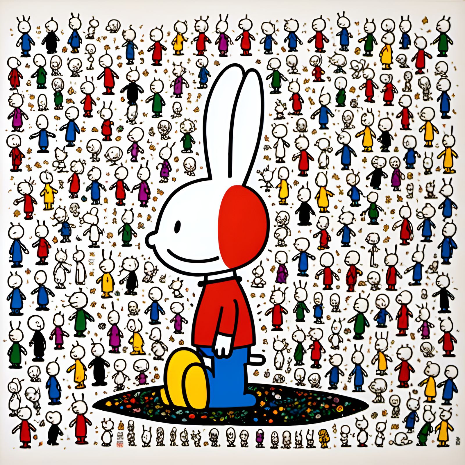 Minimalist Cartoon Character in Surreal Holy Mountain Scene