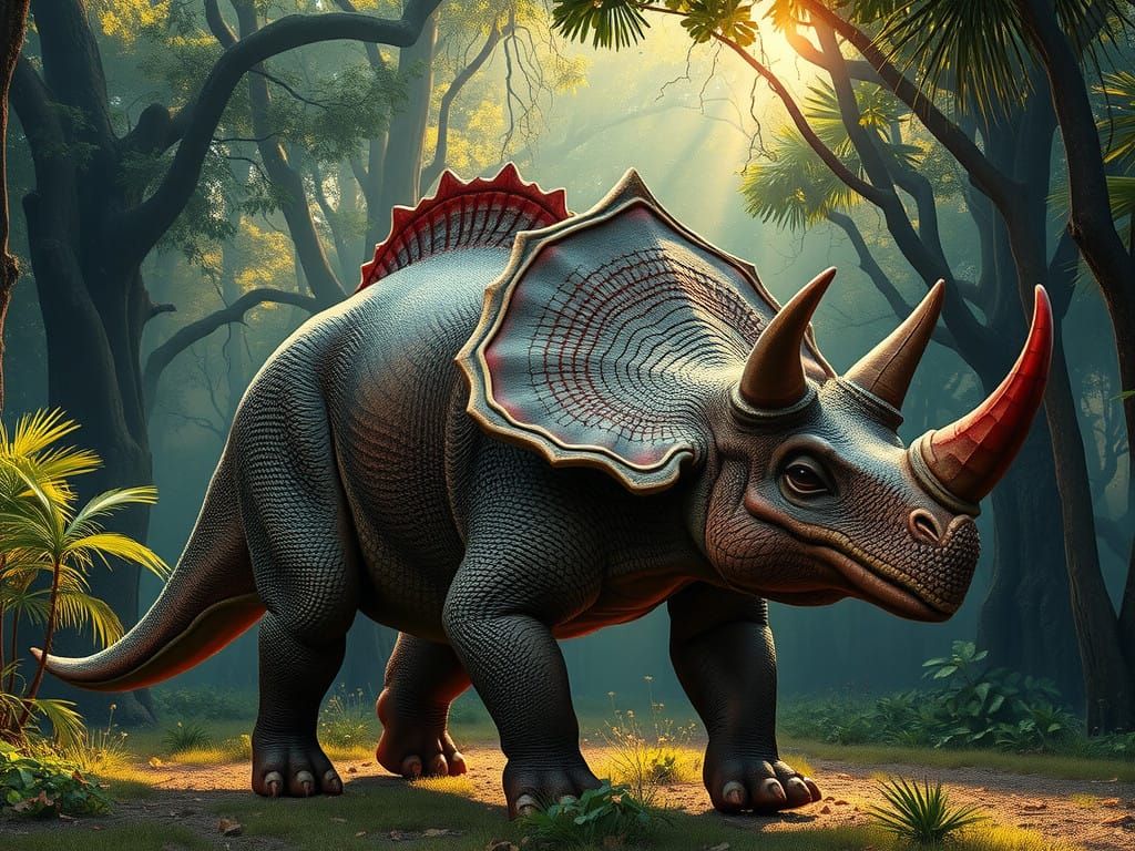 Majestic Triceratops Strolls Through a Prehistoric Forest