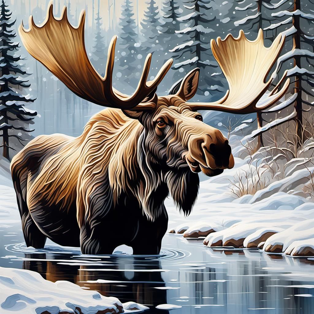 Moose in Winter Forest as Impasto Oil Painting