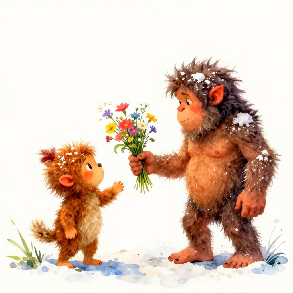 Cave Child Offers Snow-Covered Flowers