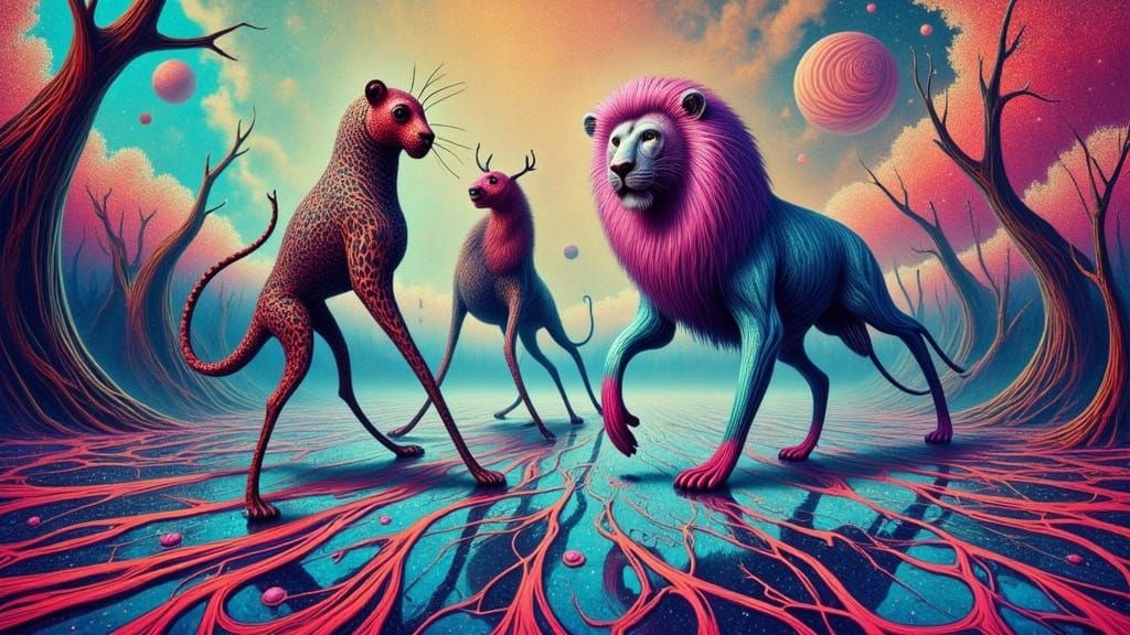 Lilac Suited Lions Dancing in Psychedelic Ink