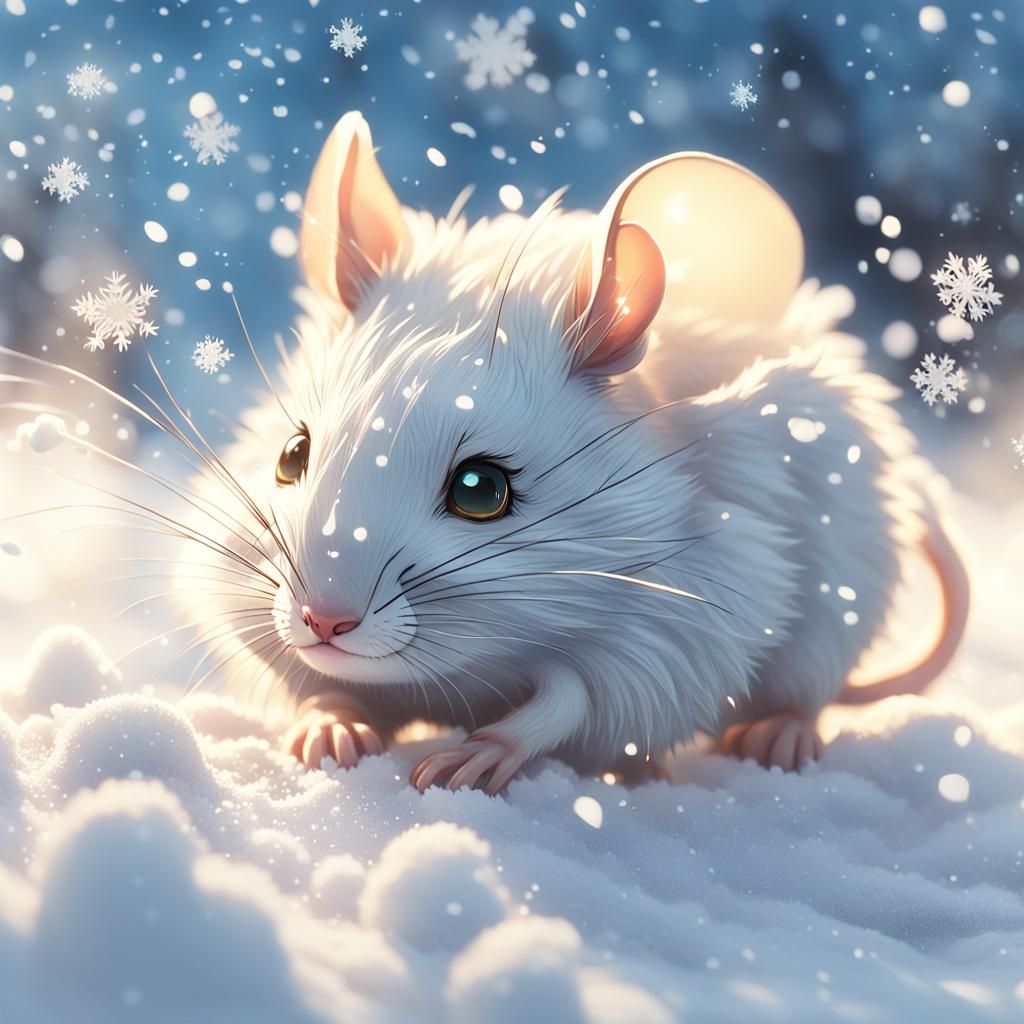 Whimsical Anime Mouse in Delicate Snowfall