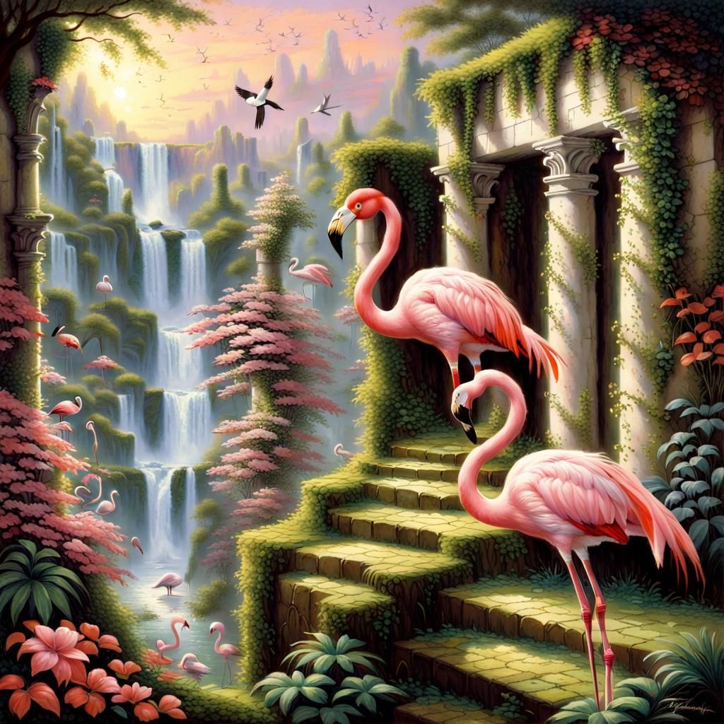 Luminous Waterfalls Emerge from Mossy Ruins