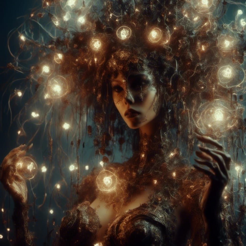 Steampunk Witch Casting Spell with Glowing Robots