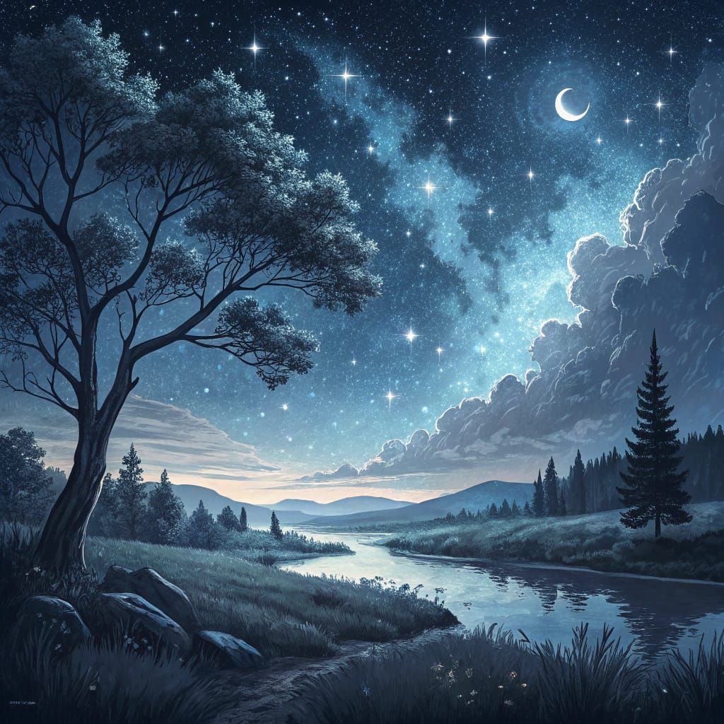 Starry Night Sky Over a Summer Landscape