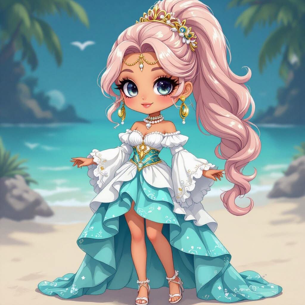 Fashionable Chibi Character in Sea-Themed Dress