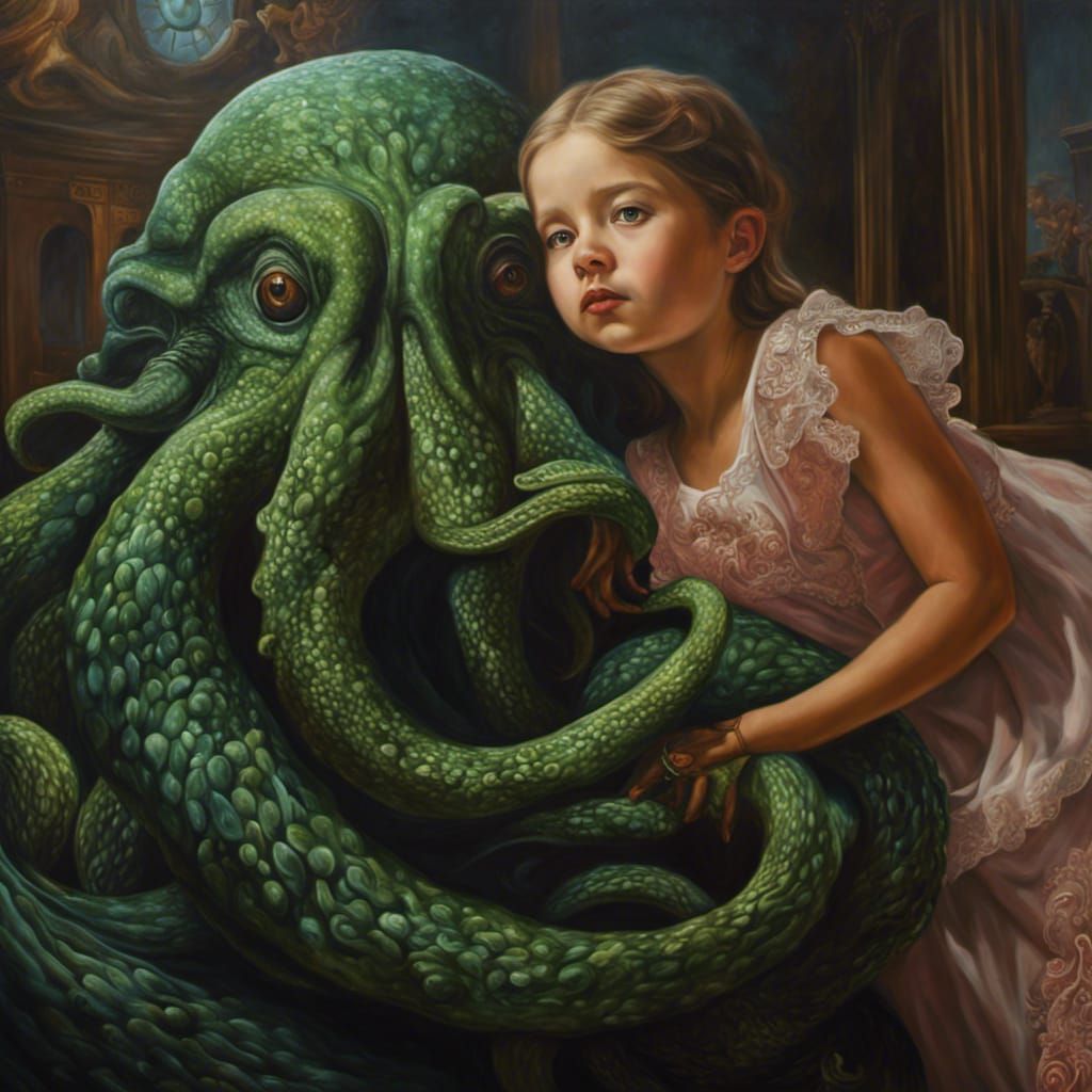 Girl Hugs Cthulhu: Hyperrealistic Oil Painting