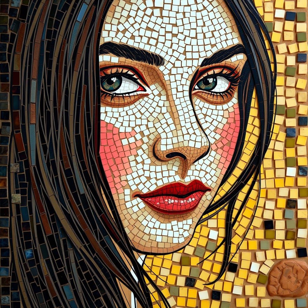 Surreal Mosaic Portrait of a Woman with Intricate Hairstyle