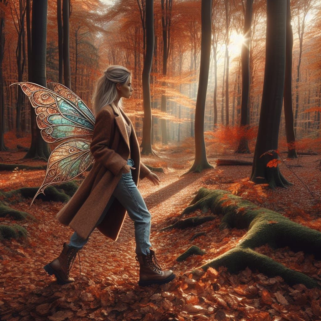 Female Fairy Wandering in Autumn Forest